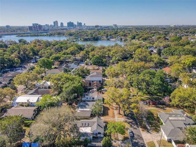 drone / aerial view featuring a water view