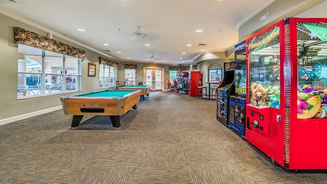 rec room featuring crown molding, recessed lighting, carpet, and french doors