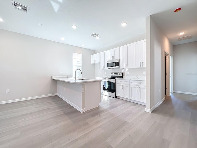 kitchen featuring visible vents, a peninsula, a sink, appliances with stainless steel finishes, and white cabinetry