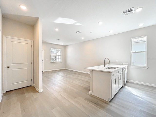 kitchen featuring a sink, visible vents, light wood-style floors, and white cabinets