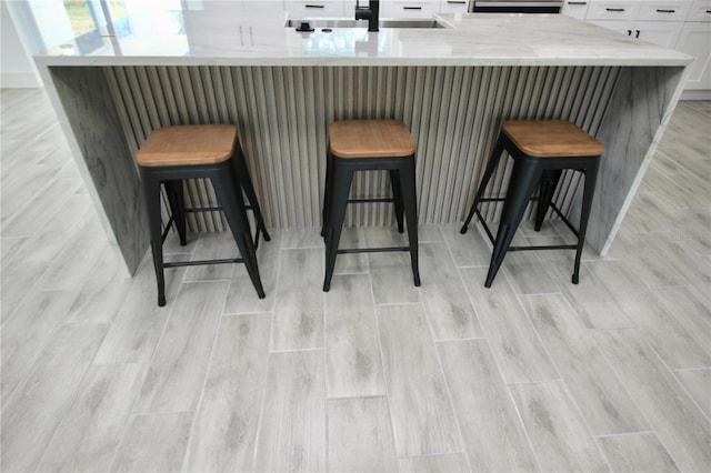 bar with a sink and wood tiled floor