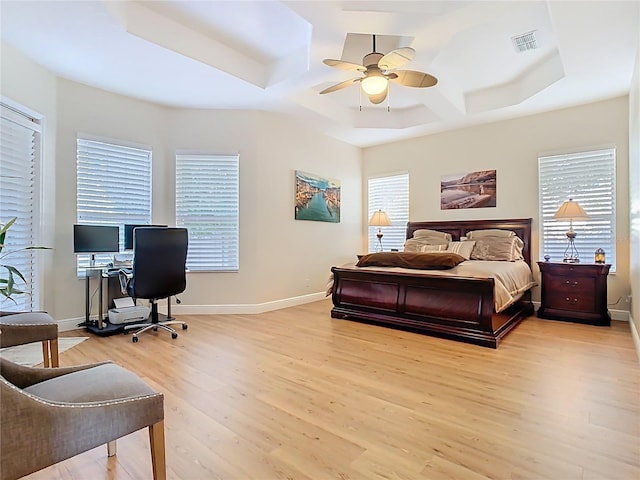 bedroom with multiple windows, baseboards, visible vents, and light wood-type flooring