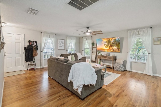 living room featuring a ceiling fan, visible vents, light wood finished floors, and baseboards