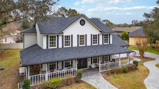 view of front of home featuring driveway, a front lawn, fence, covered porch, and a shingled roof