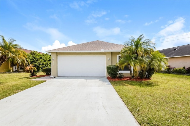 view of front facade with a garage, stucco siding, concrete driveway, and a front yard