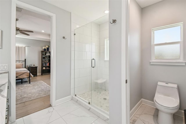 full bathroom with a stall shower, baseboards, marble finish floor, and connected bathroom