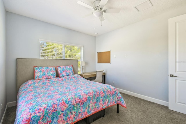 bedroom featuring visible vents, baseboards, ceiling fan, and carpet flooring