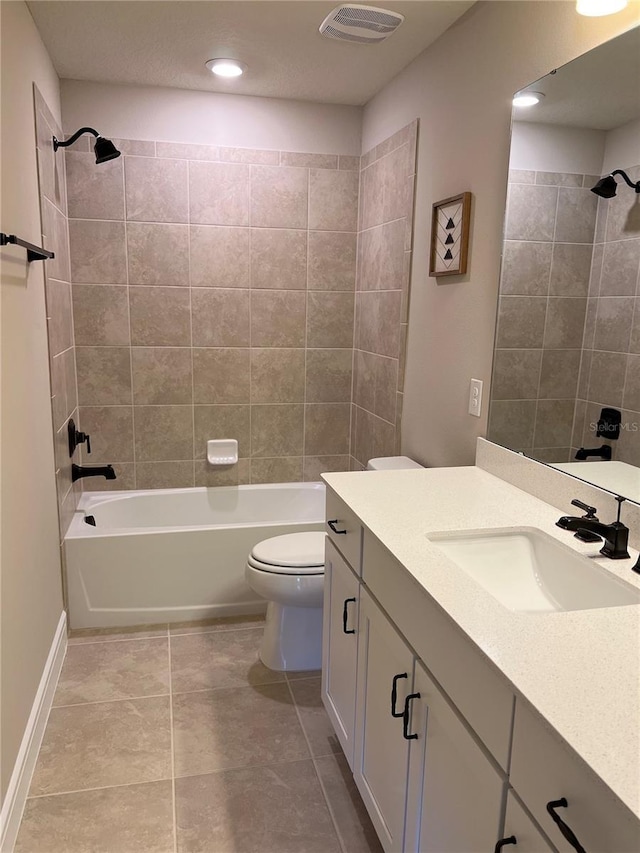 full bathroom with vanity, washtub / shower combination, visible vents, recessed lighting, and toilet