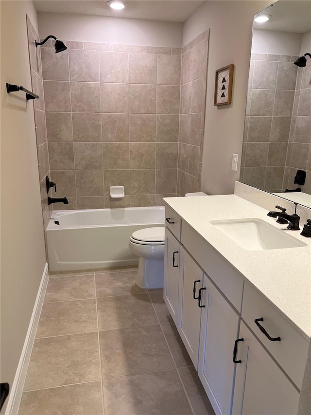 bathroom with tile patterned floors, toilet, recessed lighting, washtub / shower combination, and vanity