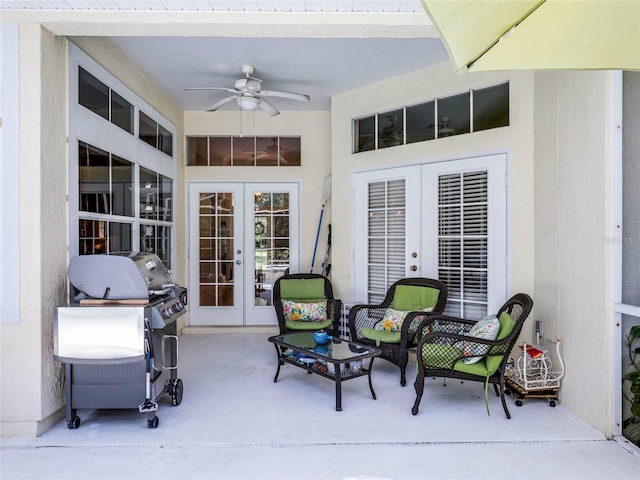 view of patio / terrace featuring grilling area, french doors, and ceiling fan