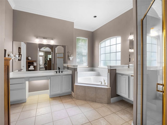 full bathroom with a shower stall, crown molding, a garden tub, and a sink