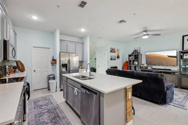 kitchen with a sink, visible vents, appliances with stainless steel finishes, and open floor plan