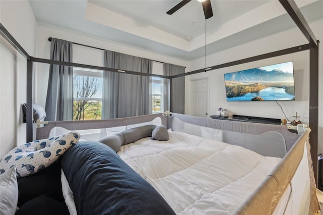 bedroom featuring a raised ceiling and a ceiling fan