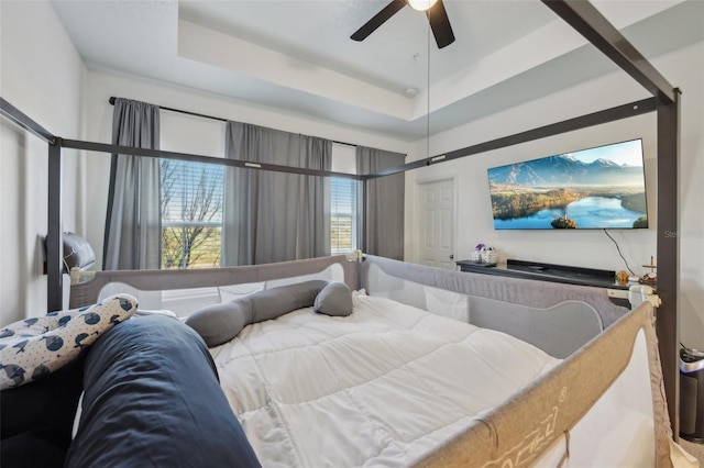 bedroom with a raised ceiling and ceiling fan