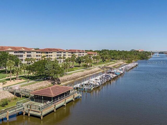 view of dock with a water view