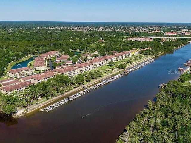 drone / aerial view with a water view and a view of trees