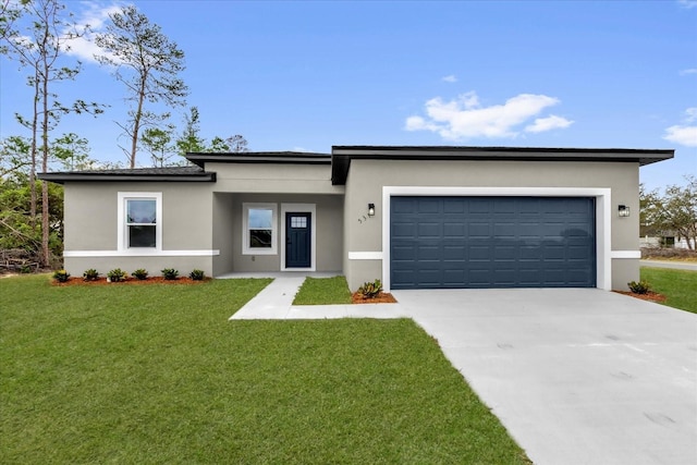 view of front of property featuring concrete driveway, stucco siding, an attached garage, and a front lawn