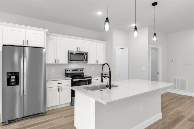 kitchen featuring white cabinetry, a sink, light wood finished floors, visible vents, and appliances with stainless steel finishes