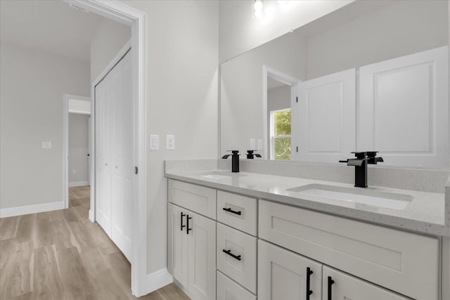 full bath featuring double vanity, wood finished floors, and a sink