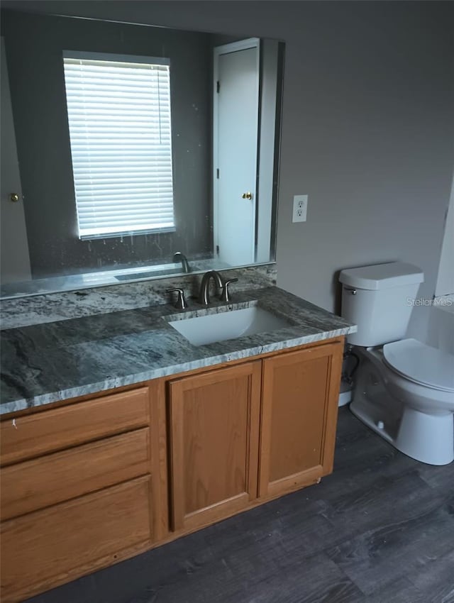 bathroom featuring vanity, toilet, and wood finished floors