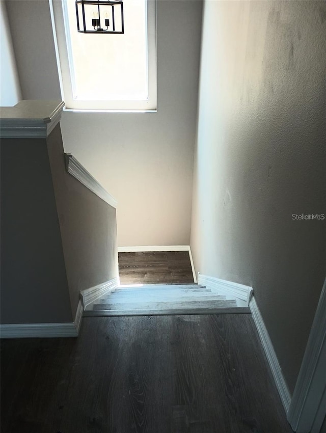 stairway featuring wood finished floors and baseboards