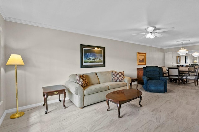 living room with baseboards, crown molding, and a ceiling fan