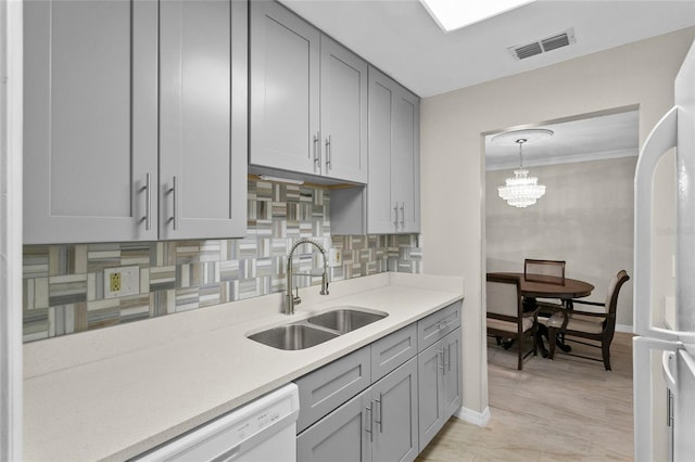 kitchen with a sink, visible vents, decorative backsplash, and light countertops