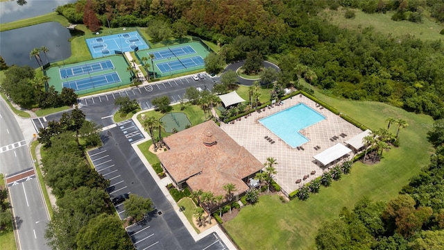 drone / aerial view with a water view