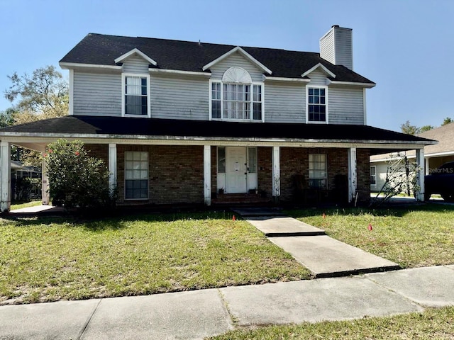 view of front of house featuring brick siding, covered porch, a chimney, and a front lawn