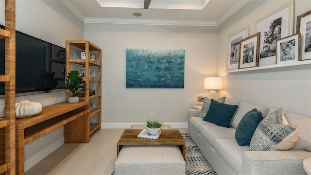 tiled living area featuring baseboards and crown molding