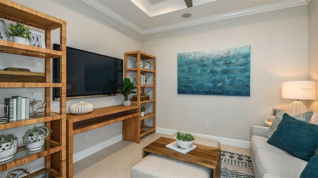 living area featuring tile patterned flooring, crown molding, and baseboards