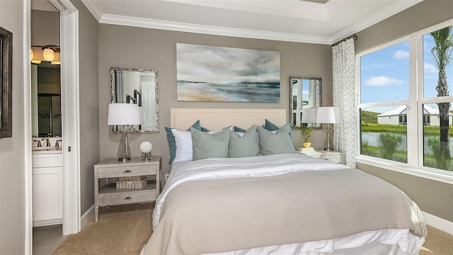 bedroom featuring baseboards, carpet floors, and ornamental molding