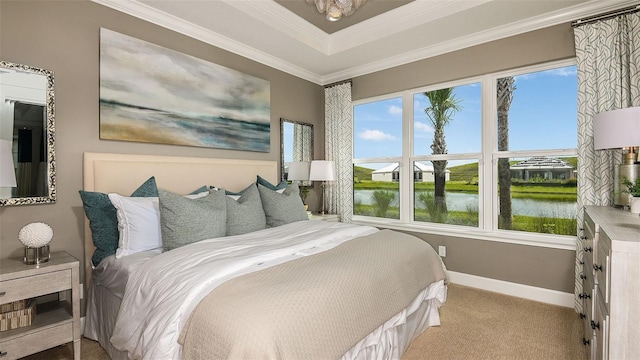 bedroom with baseboards, a water view, carpet, a tray ceiling, and ornamental molding