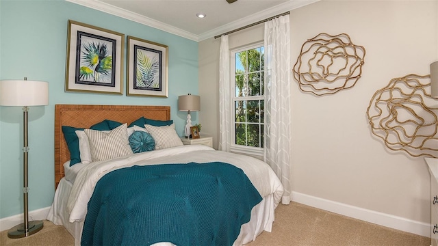 carpeted bedroom with recessed lighting, baseboards, and ornamental molding