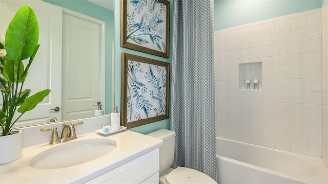 bathroom with vanity, toilet, and shower / bathtub combination with curtain