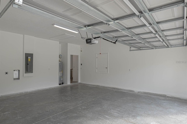 garage with electric panel, electric water heater, and a garage door opener