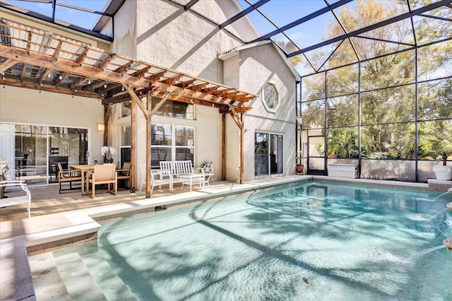 outdoor pool with glass enclosure, a patio area, and a pergola