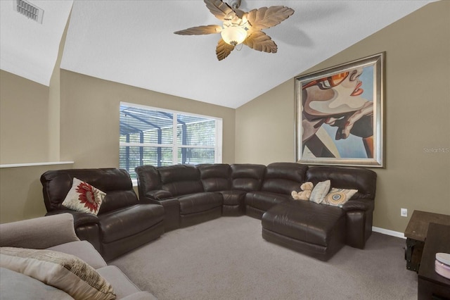 carpeted living room featuring visible vents, lofted ceiling, baseboards, and ceiling fan