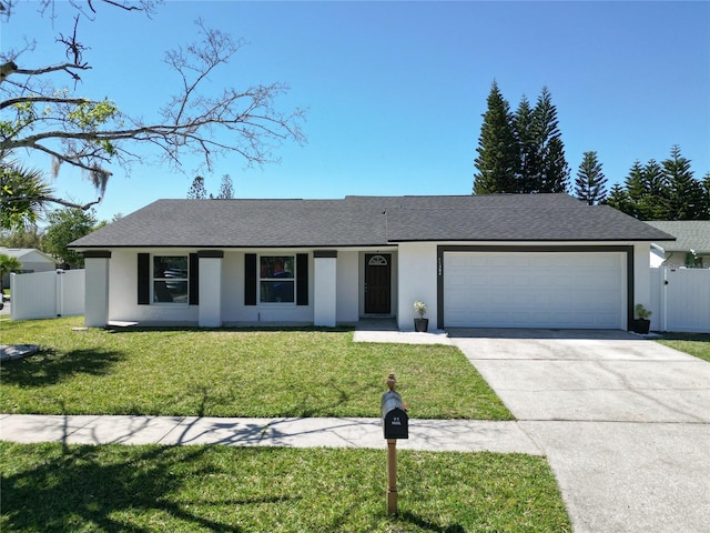 ranch-style house with concrete driveway, a gate, a garage, and stucco siding