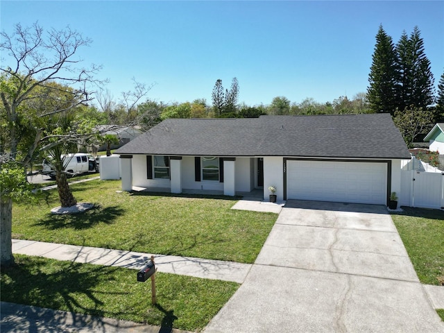 single story home with fence, an attached garage, stucco siding, a front lawn, and concrete driveway