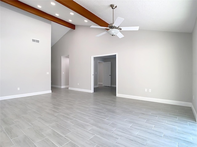 empty room with baseboards, visible vents, high vaulted ceiling, ceiling fan, and beamed ceiling