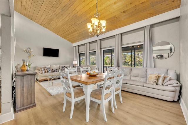 dining space with wood ceiling, an inviting chandelier, wood finished floors, and vaulted ceiling