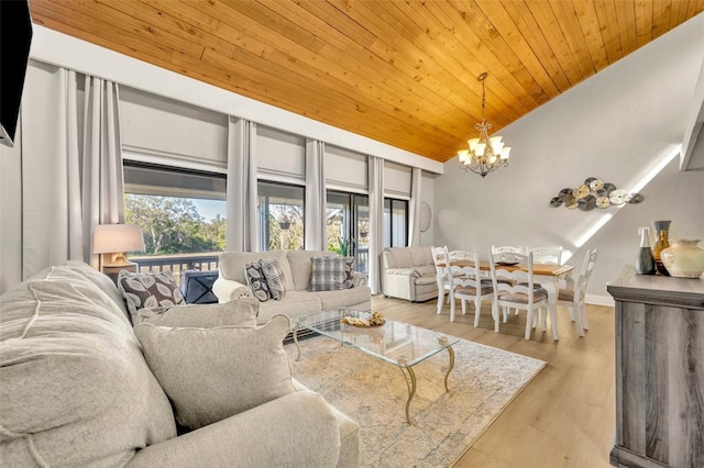 living area featuring wood finished floors, baseboards, high vaulted ceiling, an inviting chandelier, and wood ceiling