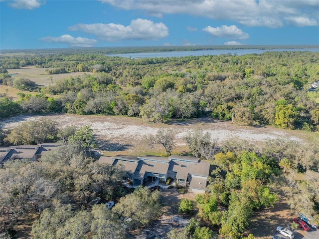 drone / aerial view featuring a forest view and a water view