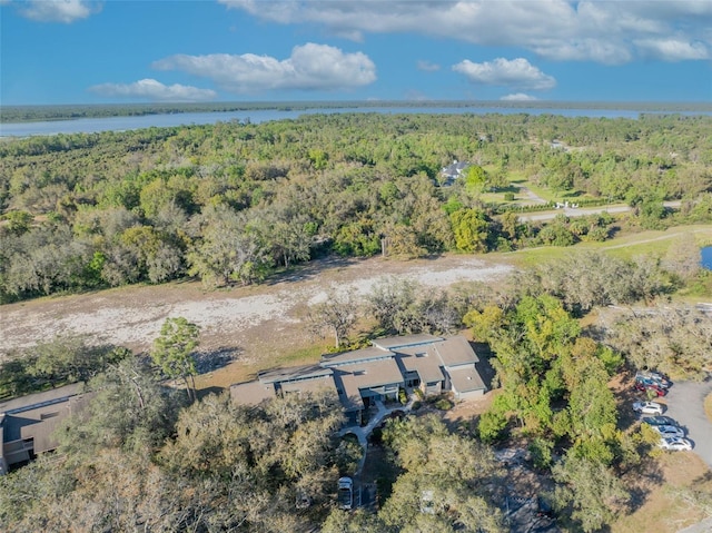 birds eye view of property featuring a forest view and a water view