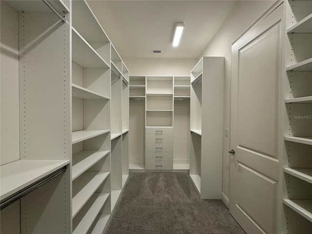 walk in closet with dark carpet