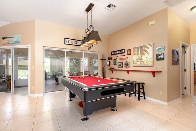 recreation room with billiards, baseboards, visible vents, and tile patterned floors