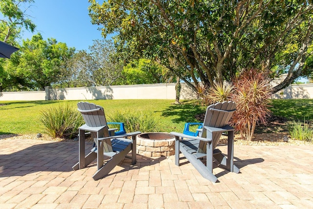 view of patio with a fenced backyard and an outdoor fire pit