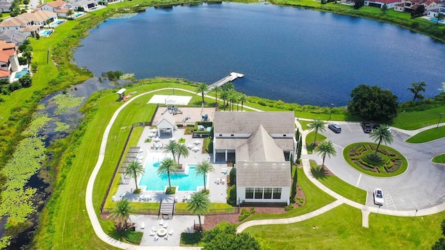 aerial view featuring a water view