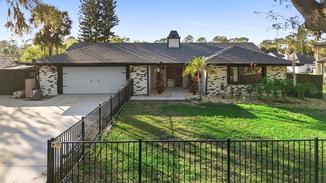 1475 Kettledrum Trl, Deltona, FL 32725 - ranch-style home with a garage, concrete driveway, brick siding, and a chimney